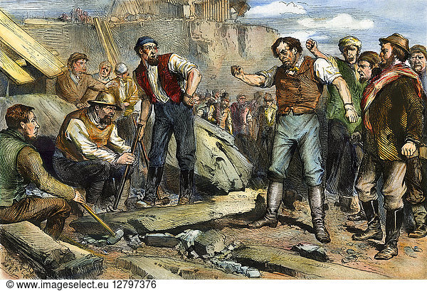 STRIKERS  1872. Strikers for an eight-hour day threatening non-striking workers on a New York City construction site. Wood engraving  1872.
