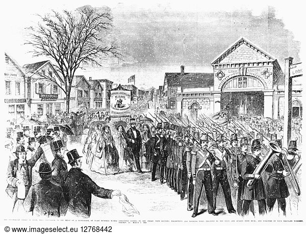 STRIKING WOMEN  1860. Eight hundred striking women shoemakers of Lynn  Massachusetts  parading in a snowstorm behind the Lynn City Guards  7 March 1860. Contemporary American wood engraving.