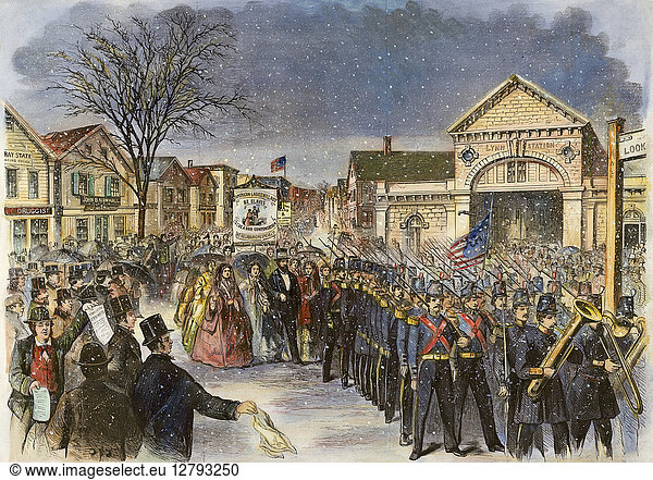 STRIKING WOMEN  1860. Eight hundred striking women shoemakers of Lynn  Massachusetts  parading in a snowstorm behind the Lynn City Guards on March 7  1860. Contemporary colored engraving.
