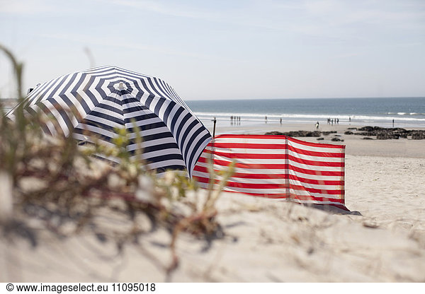 Striped Sunshade on the beach  Viana do Castelo  Norte Region  Portugal