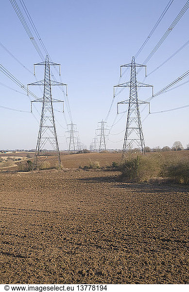 Strommasten und Hochspannungsleitungen quer durch die Landschaft  Claydon  Suffolk  England