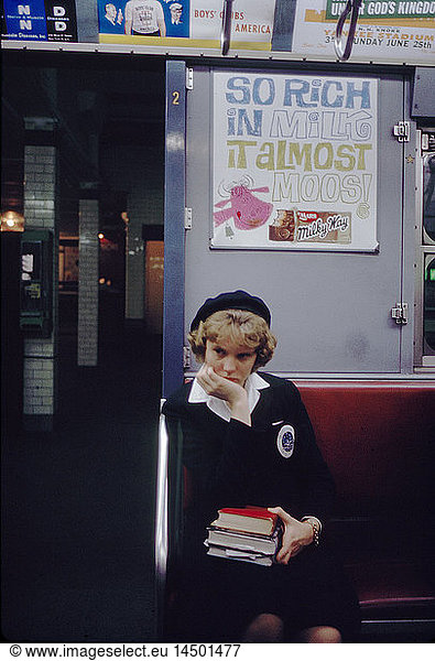 Student on Subway  New York City  New York  USA  July 1961
