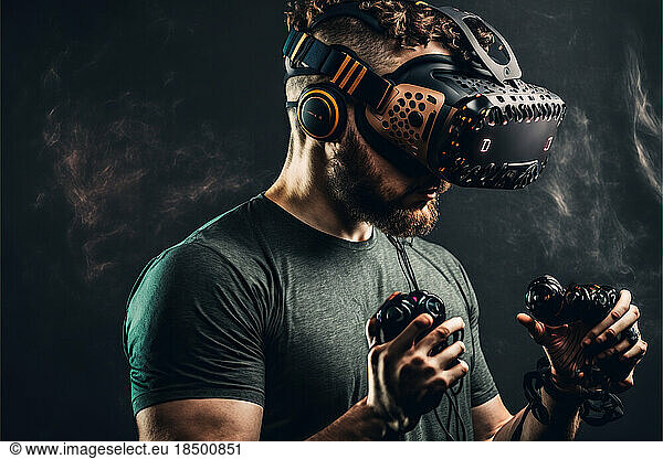 studio shot of a man wearing a VR device