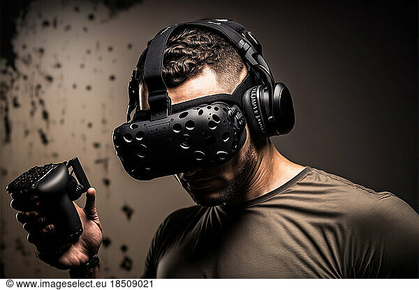 studio shot of a man wearing a VR device