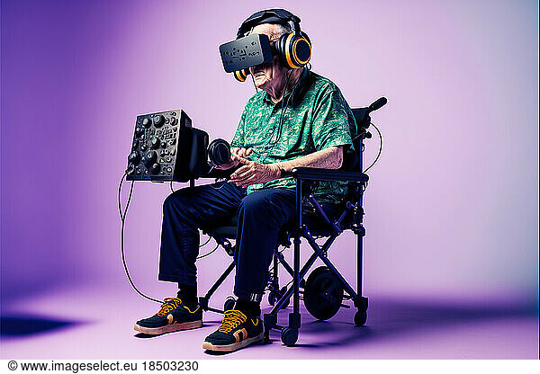 studio shot of a man with disabilities wearing a VR equipment