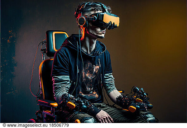 studio shot of a man with disabilities wearing a VR equipment