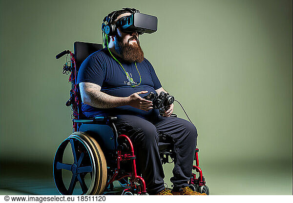 studio shot of a man with disabilities wearing a VR equipment