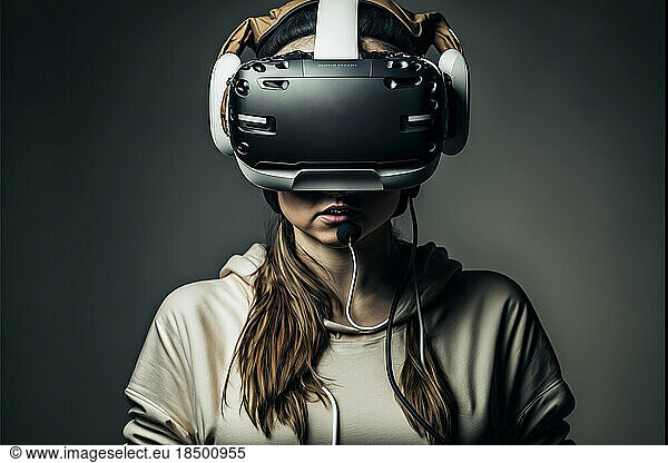 studio shot of a young woman wearing a VR device