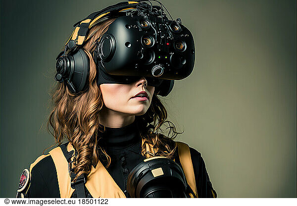 studio shot of a young woman wearing a VR device