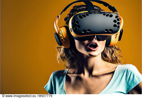 studio shot of a young woman wearing a VR device