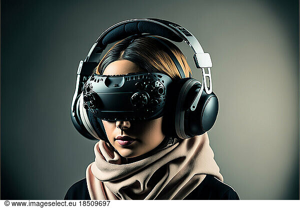studio shot of a young woman wearing a VR device