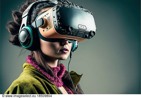 studio shot of a young woman wearing a VR device