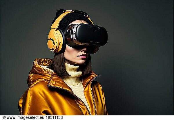 studio shot of a young woman wearing a VR device