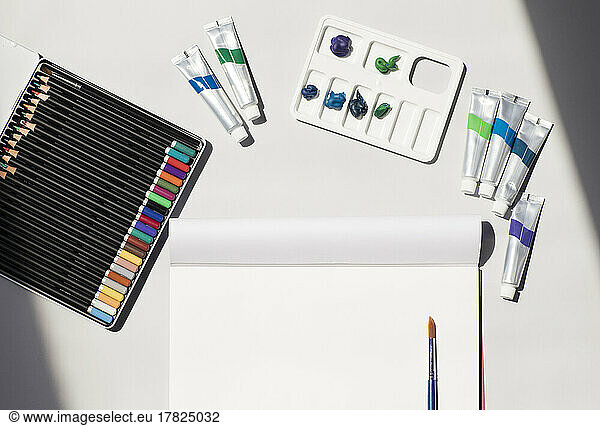 Studio shot of art and craft equipment including colored pencils  blank drawing paper  oil paint tubes  artists palette and single paintbrush