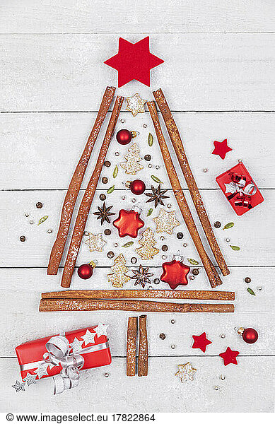 Studio shot of Christmas tree shape made of various spices  cookies and Christmas ornaments