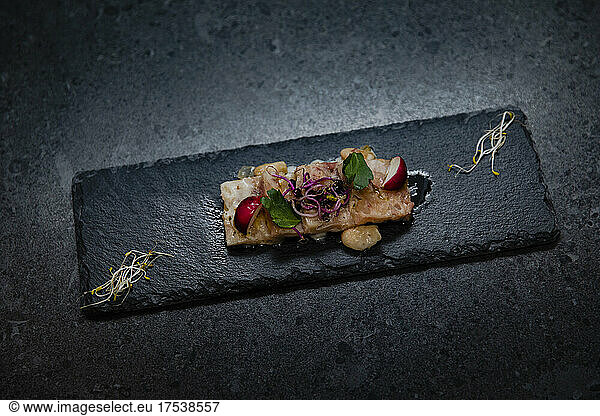 Studio shot of fine serving of trotter with radish
