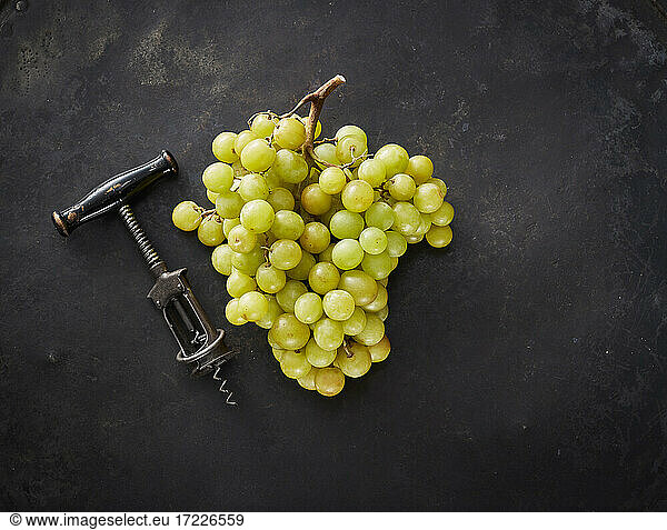 Studio shot of fresh grapes and corkscrew