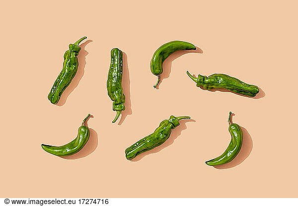 Studio shot of green chili peppers