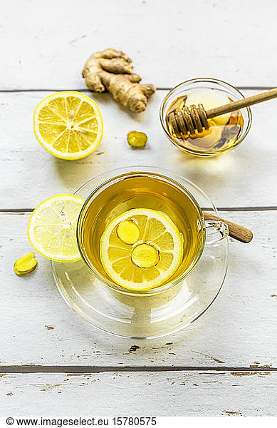 Studio shot of hot tea with ginger  lemon and honey
