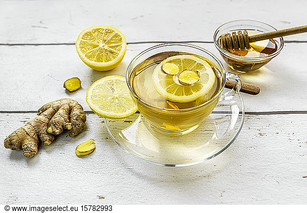 Studio shot of hot tea with ginger  lemon and honey