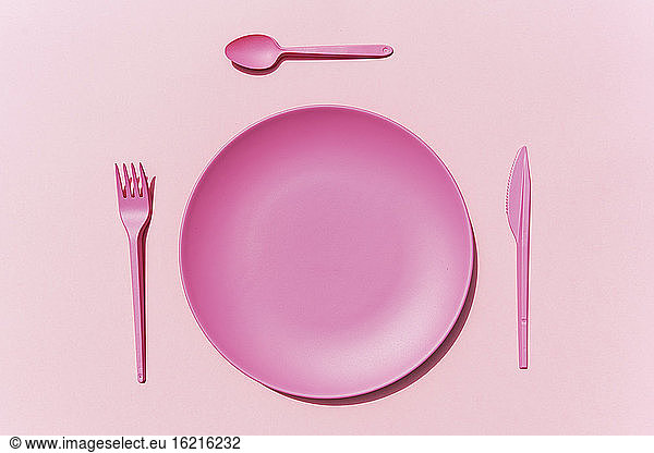 Studio shot of pink plastic plate and cutlery