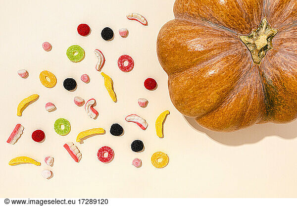 Studio shot of raw pumpkin and various Halloween candies