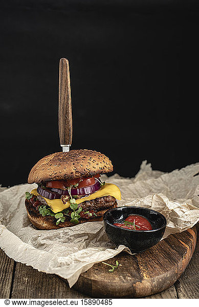 Studio shot of ready-to-eat hamburger with red bell pepper  onions and cheese