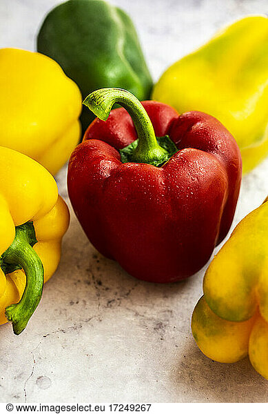 Studio shot of red  green and yellow bell peppers
