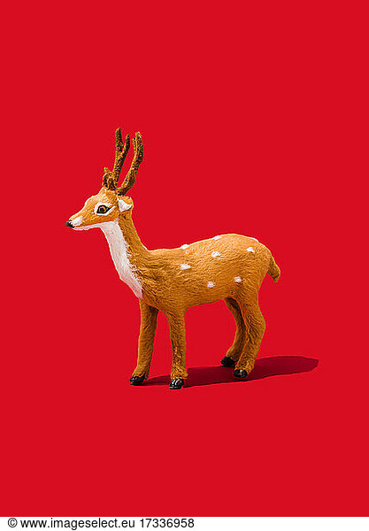 Studio shot of reindeer figurine standing against vibrant red background
