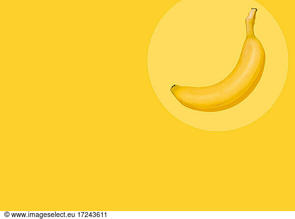 Studio shot of single banana lying against yellow background