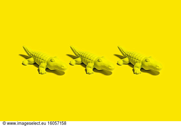 Studio shot of three small crocodile figurines