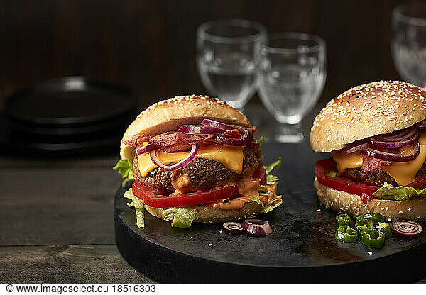 Studio shot of two ready-to-eat hamburgers