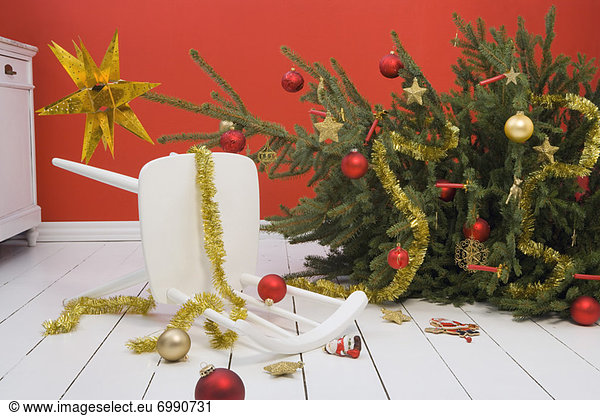 Stuhl fallen fallend fällt Weihnachtsbaum Tannenbaum