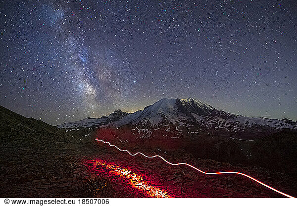 Stunning Milky Way Over Mt. Rainier and a Flashlight Track