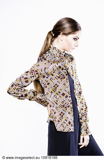 Stylish woman wearing patterned blouse