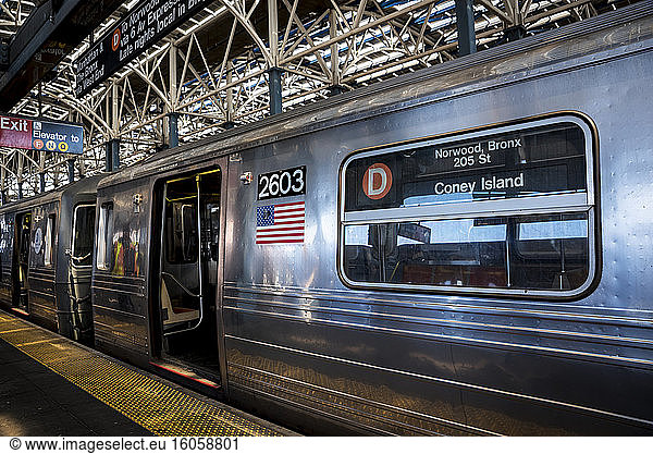 Subway train at Coney Island station; Coney Island  Brooklyn  New York  United States of America