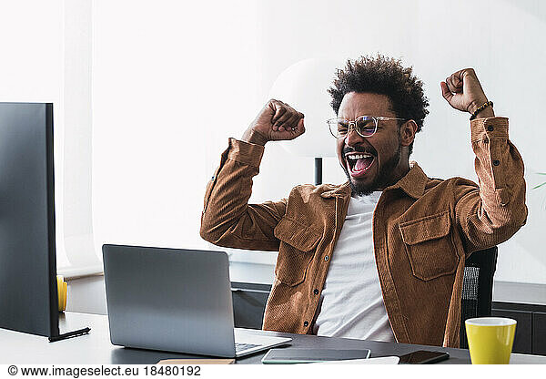 Successful businessman cheering at desk in office