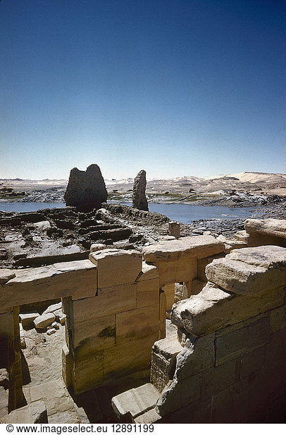 SUDAN: SEMNA EAST. A view of the ruins of the Egyptian temple at Semna East (Kumma)  overlooking the Nile River in Nubia  northern Sudan  18th Dynasty. Photographed c1970.