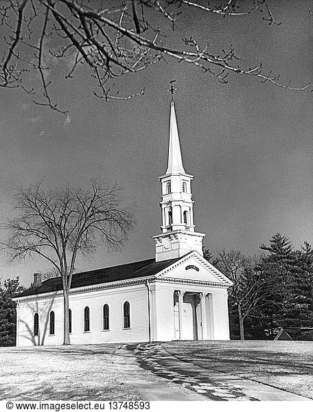 Sudbury  Massachusetts: c. 1958 View of a classic New England church in the wintertime.