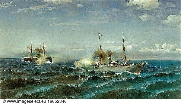 Sudkovsky Rufin - Kampf zwischen dem Dampfer 'vesta' und dem türkischen Schlachtschiff 'fethi-Bulend' - Russische Schule - 19. Jahrhundert.