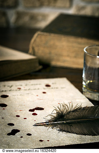 Suicide letter on parchment paper with blood drops and quill