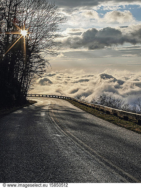 sun rises above clouds on the Blue Ridge Parkway  Virginia