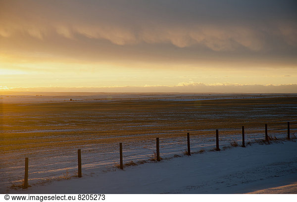 Sun setting over snowy rural landscape  Saskatchewan  Saskatchewan  Canada