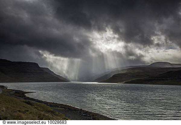 Sunbeams over cliffs and fjord  West Fjords  Iceland