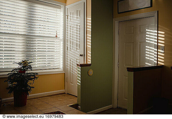 Sunlight shining through blinds in domestic interior
