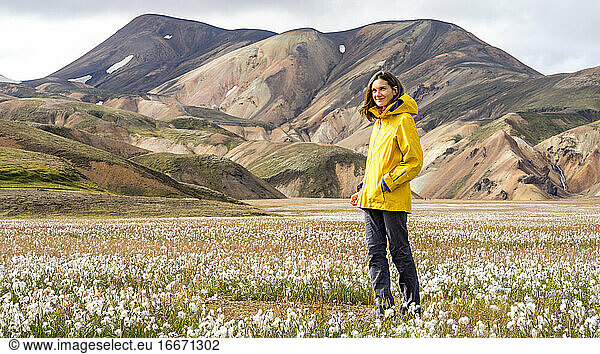 Sunny day exploring wild cottongrass fields in Icelandic highlands