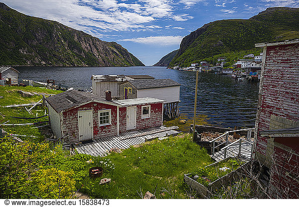 Sunny day in small ocean fjord village in Newfoundland