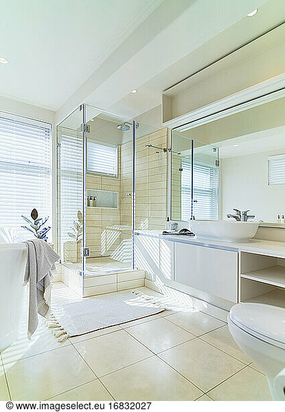 Sunny white modern home showcase interior bathroom