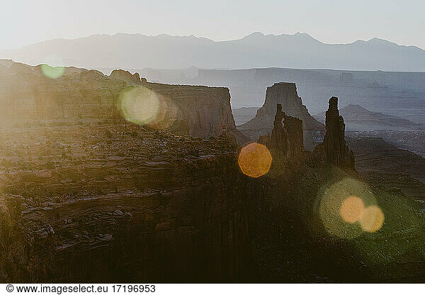 Sunrise at Mesa Arch in Canyonlands NP with lens flare