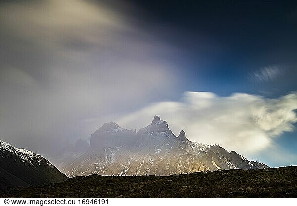 Sunrise Paine Massif (Cordillera Paine)  the iconic mountains in Torres del Paine National Park  Patagonia  Chile